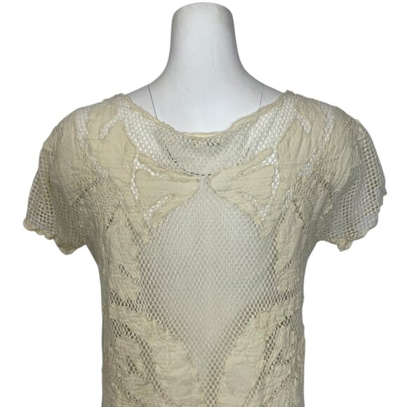 Anthropologie Lilka Mesh Appliqued Tunic Top S Cream Coverup Cap Sleeve Bohemian - Picture 7 of 11